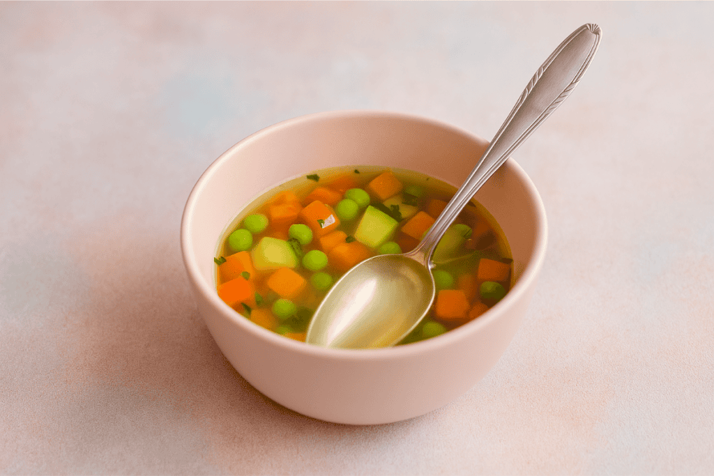 Leckere Gemüsesuppe mit Karotten, Erbsen und Gurken in einer pinken Schüssel.